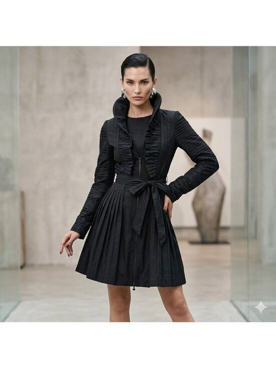 Samuel Dong Dresses & Skirts - Samuel Dong Black Ruffle Front Long Coat Dress S  Pleated Skirt By Samuel Dong